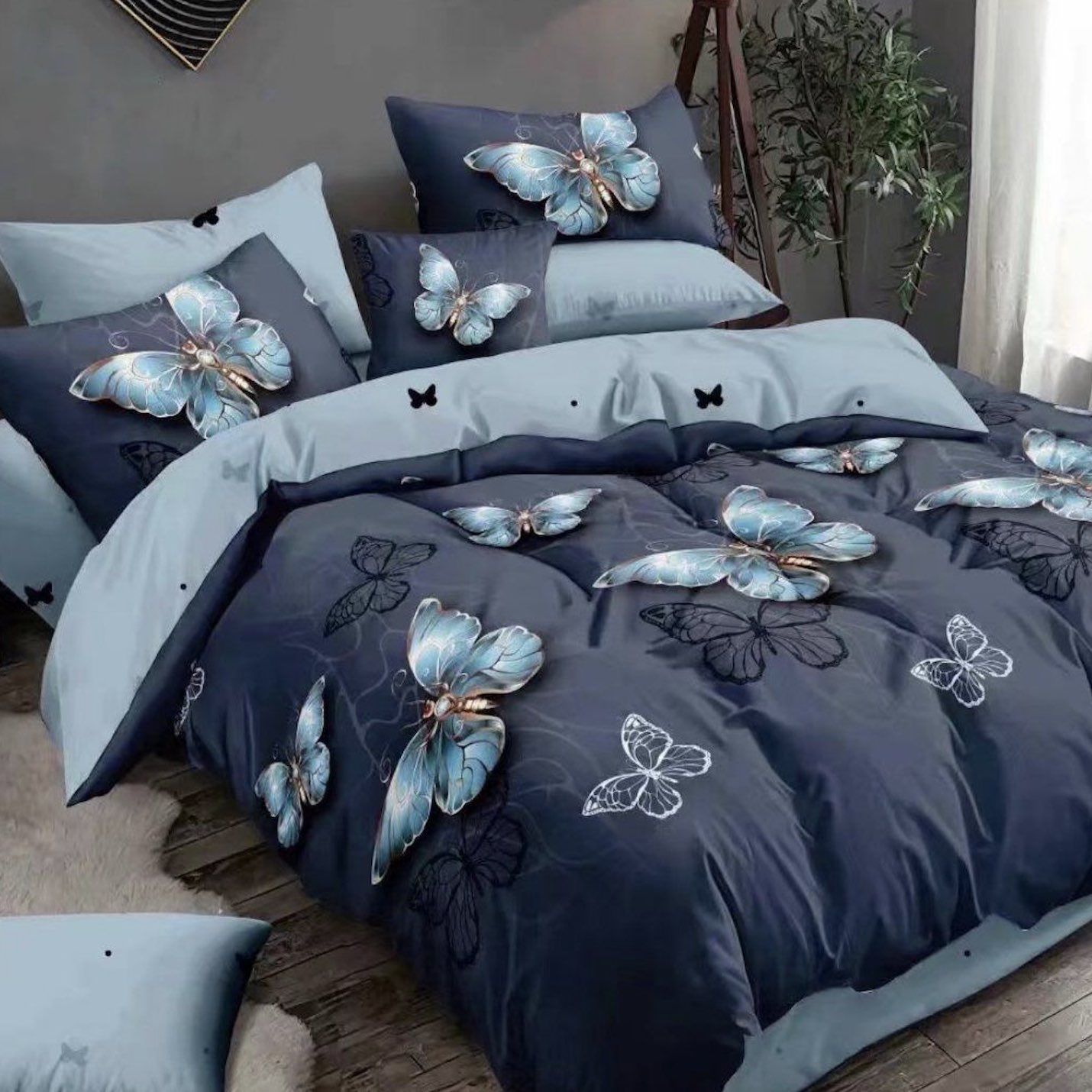7 dílná sada povlečení na 2 postele + prostěradlo ZDARMA Petrol Blue Butterflies