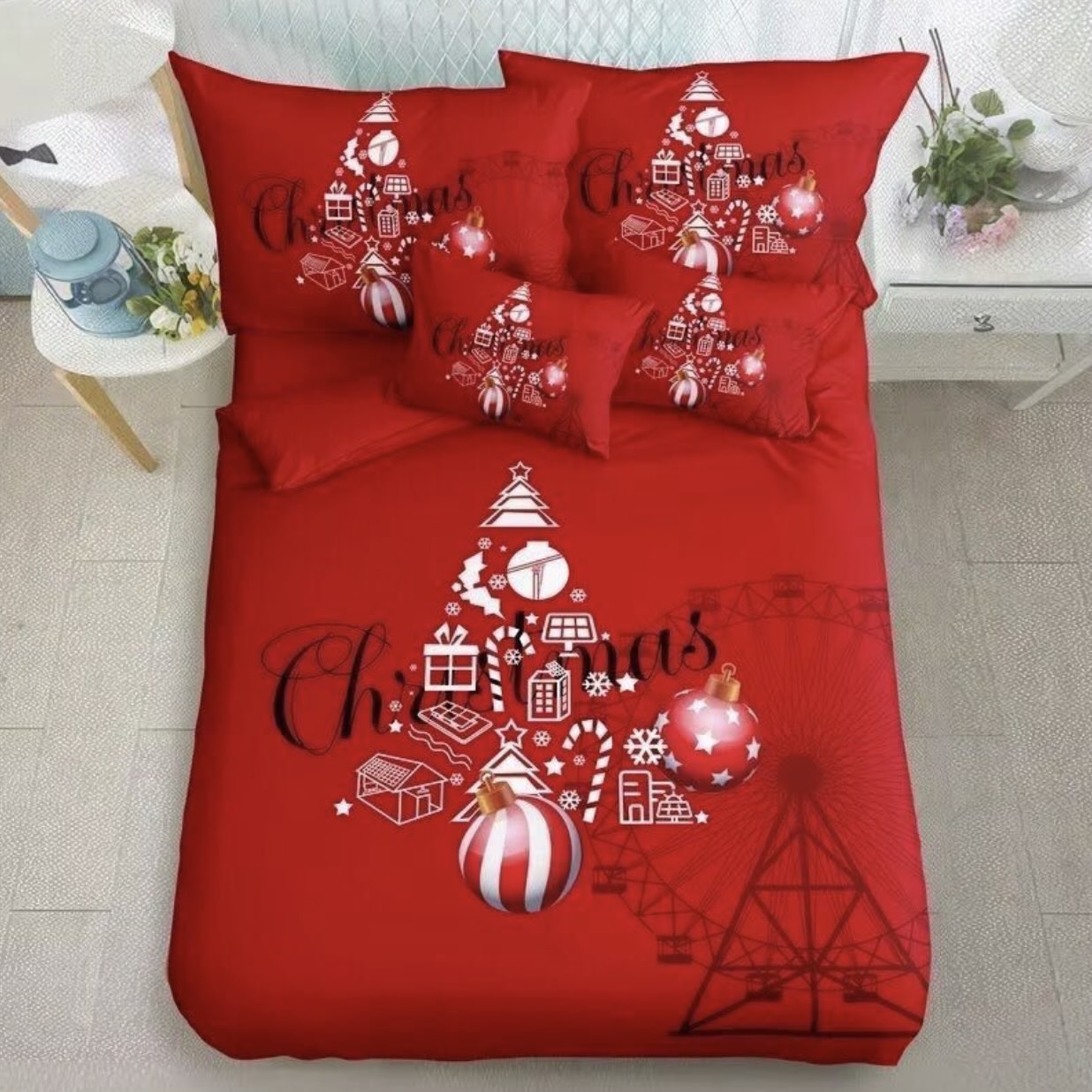 7 dílná sada povlečení na 2 postele - prostěradlo ZDARMA Red Christmas