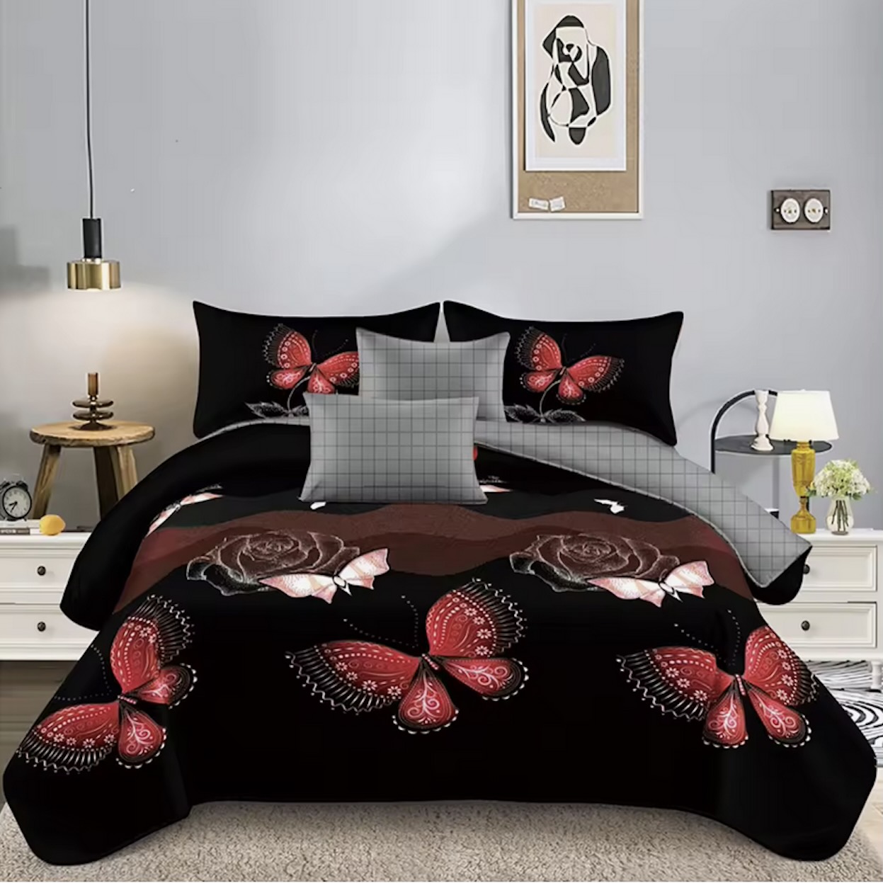 4 dílná sada povlečení na 2 postele Red Butterflies